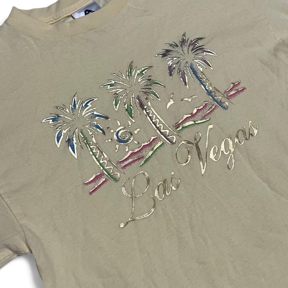 Butter yellow, 100% cotton vintage 90s Las Vegas palm tree graphic tee. M. - Picture 3 of 4